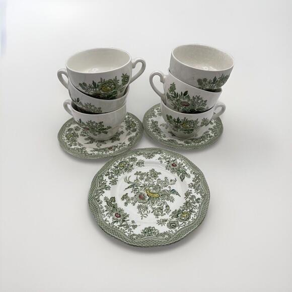 Enoch Wedgwood Tunstall Ltd Kent Green White Tea- Cup Set of 6 & 3 Salad Plates - Picture 1 of 9